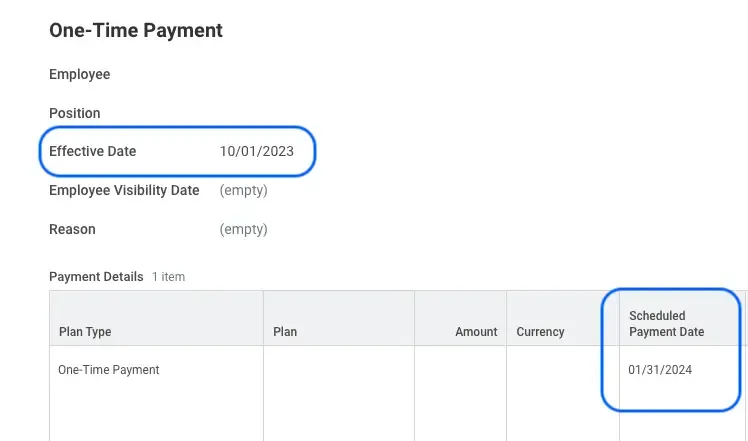 A one-time payment with different effective and scheduled payment dates.