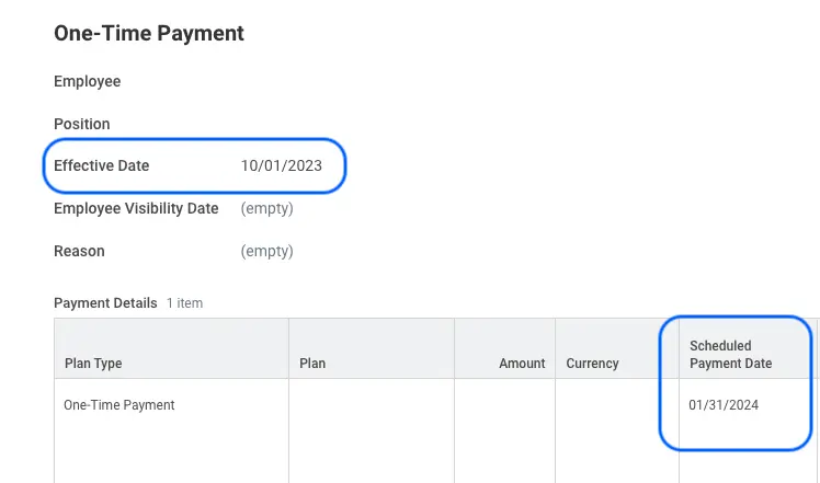 A one-time payment with different effective and scheduled payment dates.